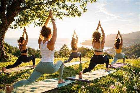 Pratica yoga all’aperto tra colline italiane